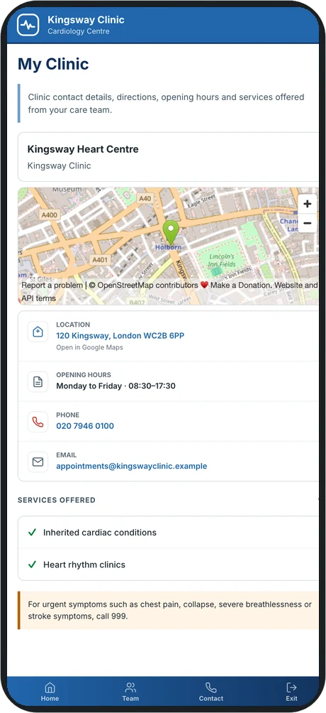 A clinic details screen branded as Kingsway Clinic
