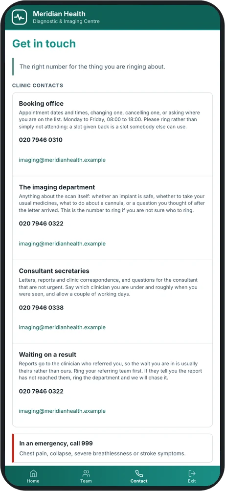 A contacts screen listing the booking office, the imaging department, consultant secretaries and who to ring about a result, with emergency guidance below