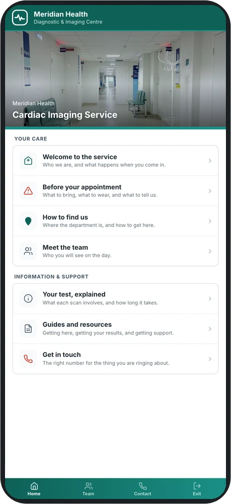 A PatientMemo service home screen branded as Meridian Health