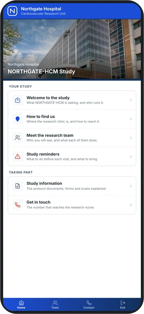 A study home screen branded as Northgate Hospital, listing the welcome, the research team, study reminders and study information