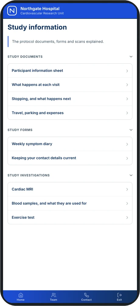 A study information screen grouping study documents, study forms and study investigations