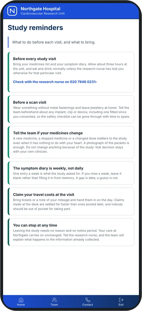 A study reminders screen covering what to bring to each visit, telling the team about a medicine change, and that a participant can stop at any time